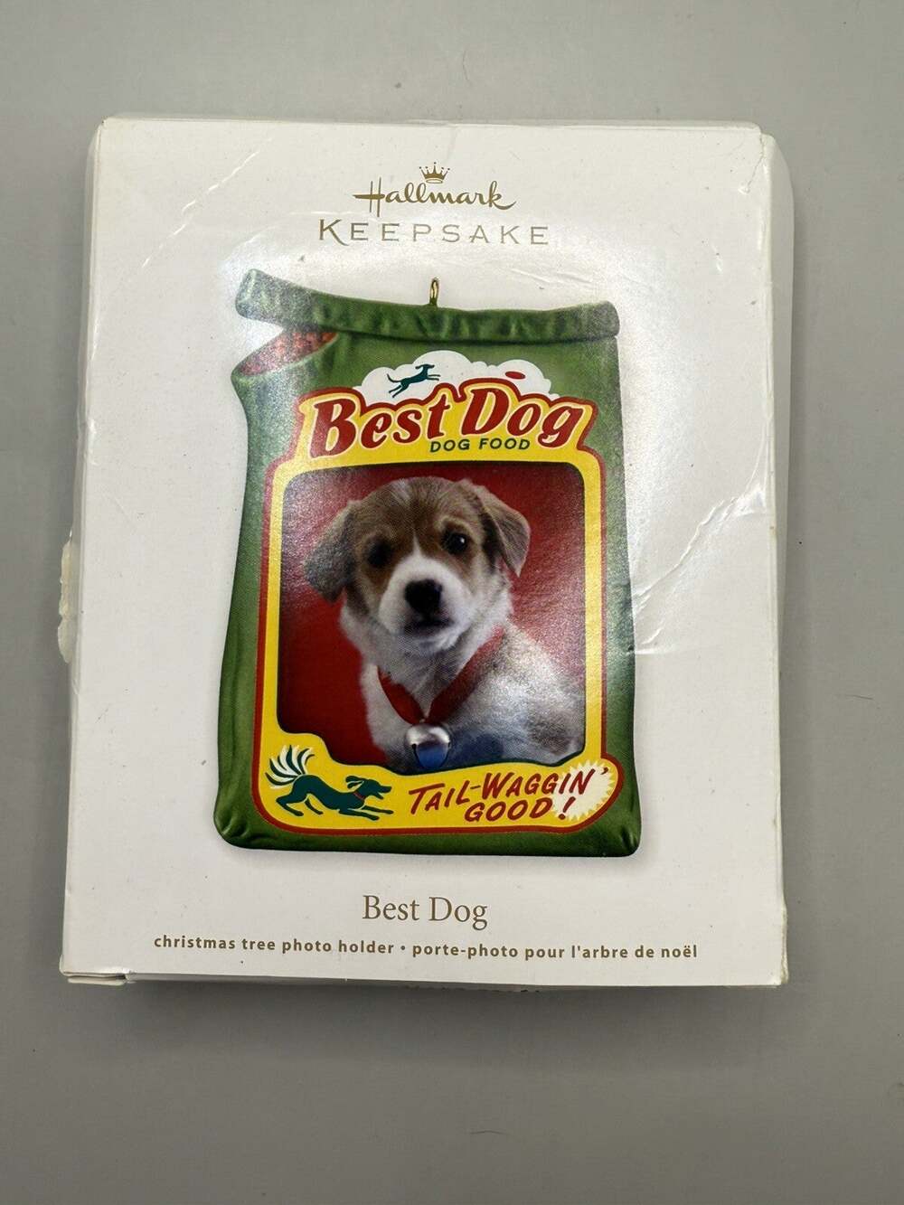 Hallmark Keepsake Ornament Best Dog food bag green PHOTO HOLDER New 2012 puppy